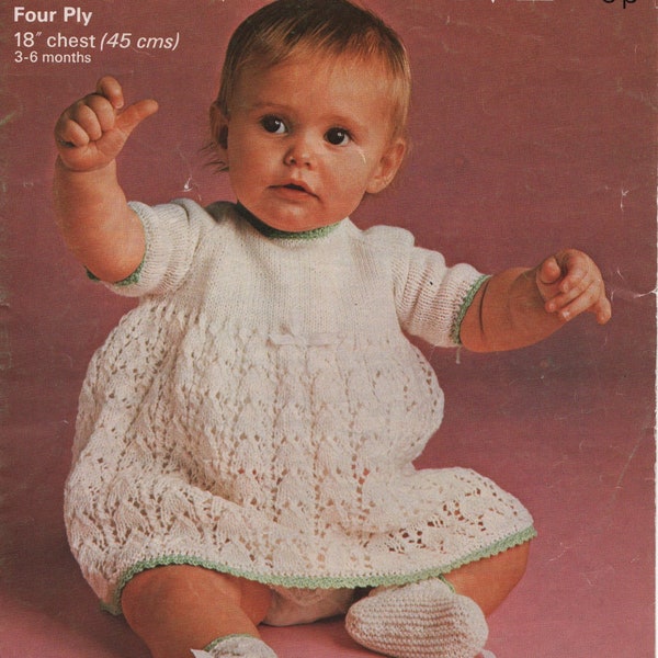 Vintage Baby Girl 3-6 Months Matching Dress Cardigan Jacket Bonnet Hat Mittens and Booties Set Knitting Pattern PDF Digital Download