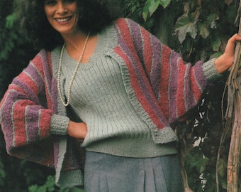Vintage Ladies Batwing Stripe Cardigan Jumper Sweater Knitting Pattern PDF