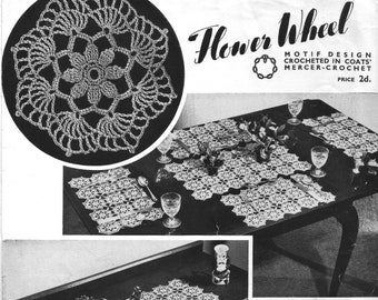 Amazing Rare Vintage 1940s Flower Wheel Homeware Decor Table Cloth Placemats Armrest Crochet Knitting Pattern PDF Digital Download