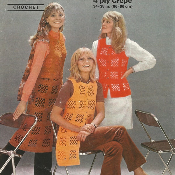 Super Retro Vintage 1970s Ladies Vest Cardigan Granny Square Crochet Pattern in Three Styles, PDF Digital Download
