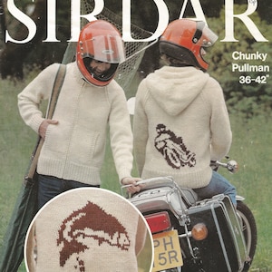 May include: Two people wearing cream colored knitted sweaters with brown knit designs. The person on the left has a fish design on their sweater and the person on the right has a motorcycle design. Both are wearing orange helmets and are standing next to a motorcycle. The text "Sirdar" is at the top of the image and "Chunky Pullman 36-42" is at the bottom.