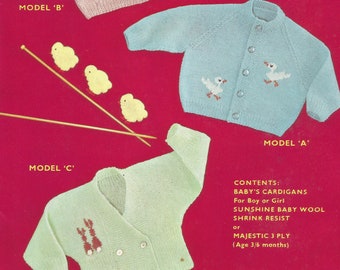 Vintage 1950s Baby Cardigans Knitting Pattern Set of 3 Adorable Designs Duck and Rabbit 3 to 6 Months PDF Digital Download