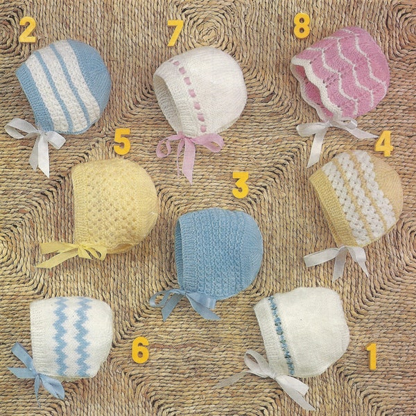 Vintage Baby Bonnet Hats 1950s 60s Set of 8 Designs Knitting Pattern, 1 - 6 Months, PDF Digital Download