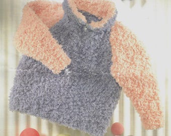 Vintage 1980’s Cute Baby Toddler Children Fluffy Fleece Zip Jacket Hoodie Knitting Pattern PDF Digital Download