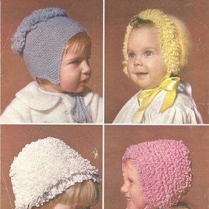 May include: Four different knitting patterns for baby hats. The hats are in blue, yellow, white, and pink. The patterns are from Patons and are for children 6 months to 3 years old. The pattern number is 9831.