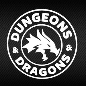 May include: A white circle with the text "Dungeons & Dragons" around the edge. A white dragon head is in the center of the circle.