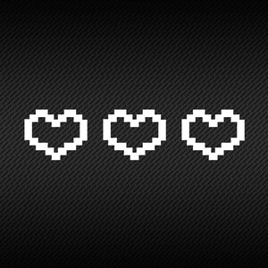 May include: Three white pixelated hearts arranged horizontally on a black background with a diagonal striped pattern. The hearts are a simple, blocky design, reminiscent of retro video game graphics.