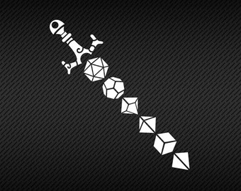 May include: A white sword with a handle and six white dice attached to it. The dice are all different shapes and sizes. The background is a dark gray with a diagonal pattern.