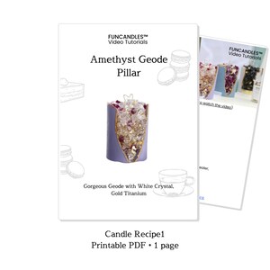 Peut inclure: Une bougie violette et dor&eacute;e avec un design de g&eacute;ode. La bougie est entour&eacute;e de cristaux blancs et a une bordure dor&eacute;e. La bougie est &eacute;tiquet&eacute;e "Amethyst Geode Pillar" et "Gorgeous Geode with White Crystal, Gold Titanium".