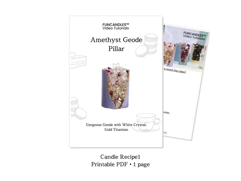 Peut inclure: Une bougie violette et dor&eacute;e avec un design de g&eacute;ode. La bougie est entour&eacute;e de cristaux blancs et a une bordure dor&eacute;e. La bougie est &eacute;tiquet&eacute;e "Amethyst Geode Pillar" et "Gorgeous Geode with White Crystal, Gold Titanium".