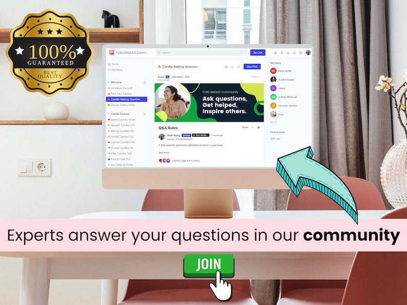 Peut inclure: Un &eacute;cran d'ordinateur affichant un site Web avec le texte "FUNCANDLES Community" et le slogan "Posez des questions, obtenez de l'aide, inspirez les autres." Le site Web est un forum pour les fabricants de bougies afin de se connecter et de partager des informations. Le texte "Les experts r&eacute;pondent &agrave; vos questions dans notre communaut&eacute;" est affich&eacute; sous l'&eacute;cran avec un bouton qui dit "JOIN".
