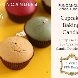 May include: A close-up of three cupcake-shaped candles with a yellow background. The front candle is tan with a white wick, and the others are red and green. The text "FUNCANDLES" and "Cupcake Baking Candle" are visible.