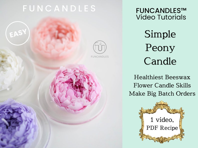 May include: Three beeswax candles shaped like peonies in pink, white, and purple. The candles are on clear glass plates. The image includes the text "FUNCANDLES" and "EASY".