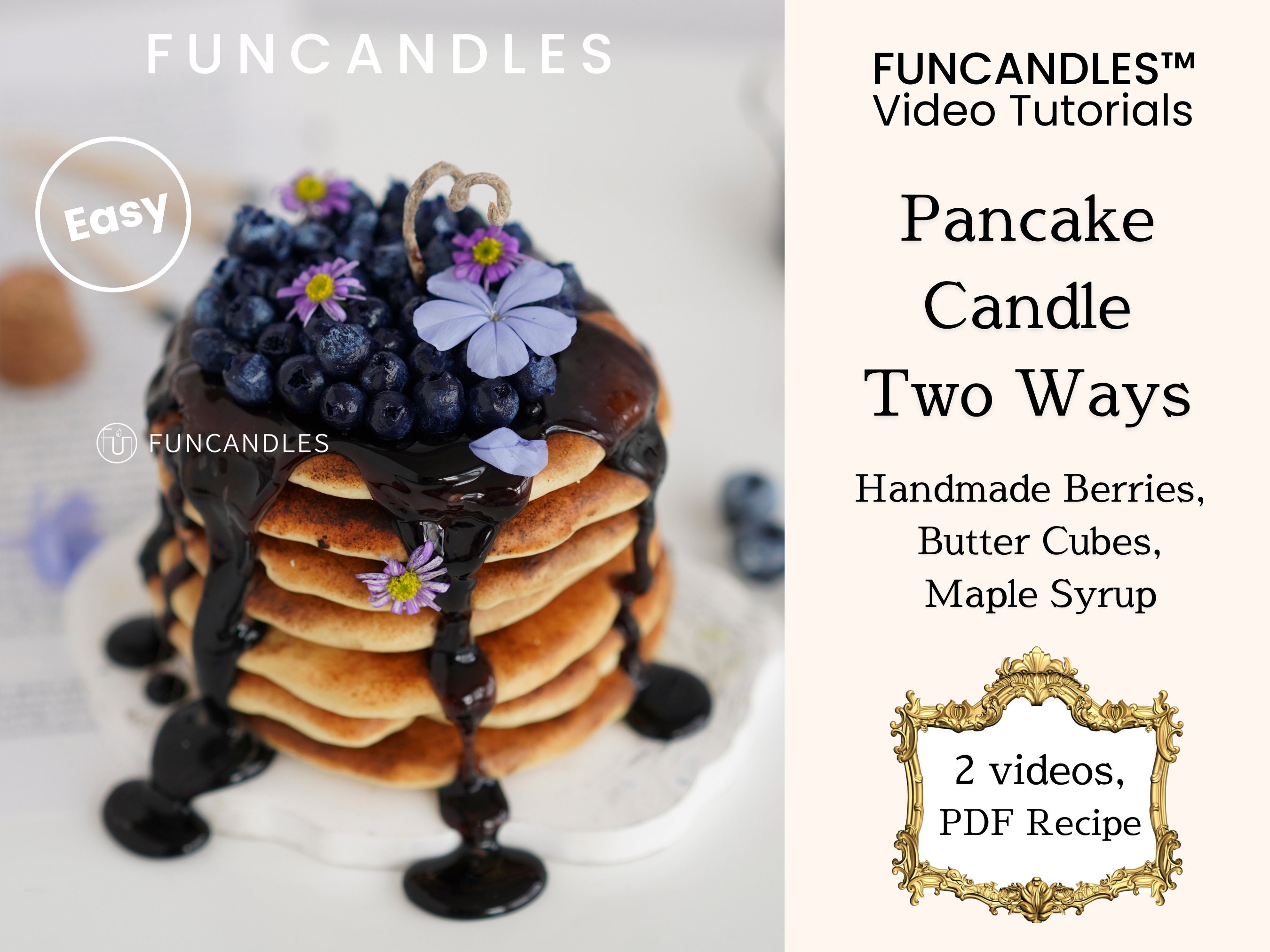 Zestaw 2 w 1 • Kurs robienia świec do pieczenia PANCAKE • przepis na pieczoną świecę, borówka, masło, czekolada, syrop klonowy, świeca spożywcza z wosku sojowego