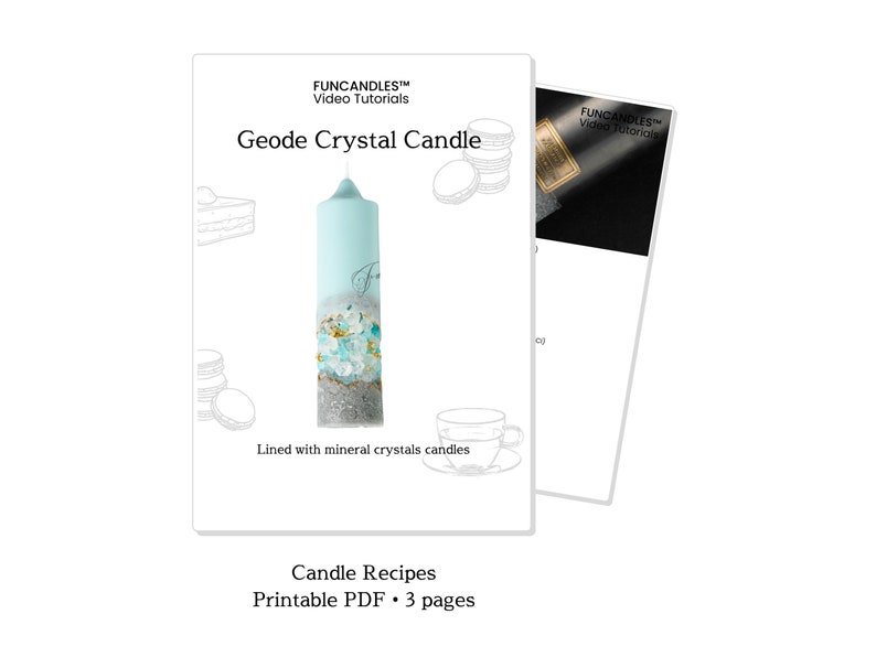 May include: A teal blue candle with a geode crystal design. The candle is lined with mineral crystals and has a white label with the text "FUNCANDLES&trade; Video Tutorials" and "Geode Crystal Candle". The image also includes the text "Candle Recipes Printable PDF. 3 pages".