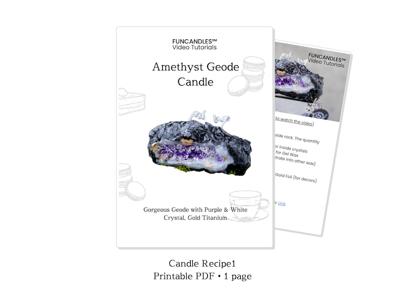 Pu&ograve; includere: Una ricetta per candele in PDF stampabile per una candela a geode di ametista. L'immagine mostra una geode di cristallo viola e bianca con accenti in titanio dorato.