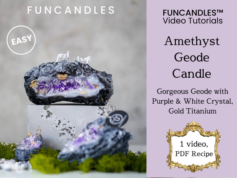 Pu&ograve; includere: Una candela a forma di geode di ametista viola con accenti dorati. La candela &egrave; circondata da muschio e piccole pietre bianche. L'immagine include il testo "FUNCANDLES" e "EASY".