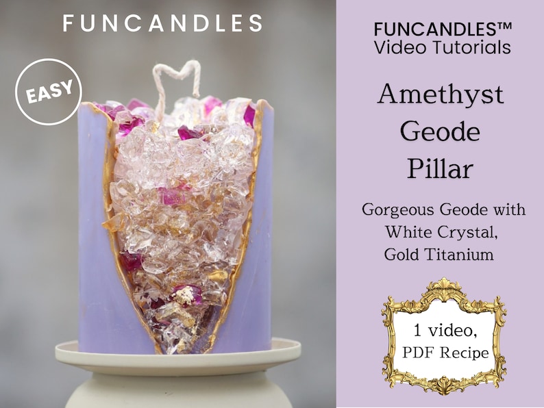 Peut inclure: Bougie en forme de pilier violette avec un design de g&eacute;ode orn&eacute; de cristaux blancs et d'accents dor&eacute;s. La bougie est &eacute;tiquet&eacute;e "Amethyst Geode Pillar" et "Gorgeous Geode with White Crystal, Gold Titanium".