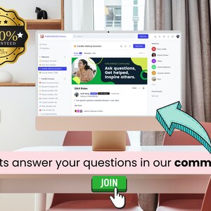 Pu&ograve; includere: Uno schermo di computer che mostra un sito web con il testo "FUNCANDLES Community" e lo slogan "Fai domande, ricevi aiuto, ispira gli altri." Il sito web &egrave; un forum per i produttori di candele per connettersi e condividere informazioni. Il testo "Gli esperti rispondono alle tue domande nella nostra community" &egrave; visualizzato sotto lo schermo con un pulsante che dice "JOIN".
