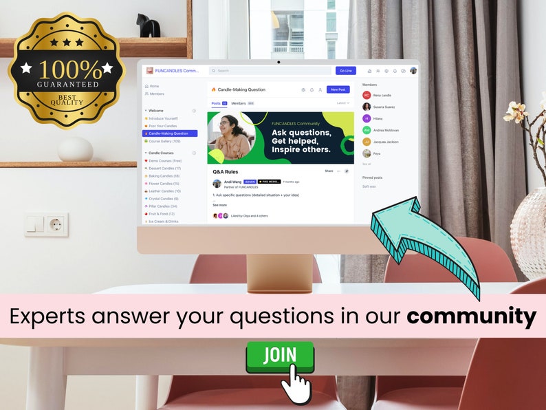 Pu&ograve; includere: Uno schermo di computer che mostra un sito web con il testo "FUNCANDLES Community" e lo slogan "Fai domande, ricevi aiuto, ispira gli altri." Il sito web &egrave; un forum per i produttori di candele per connettersi e condividere informazioni. Il testo "Gli esperti rispondono alle tue domande nella nostra community" &egrave; visualizzato sotto lo schermo con un pulsante che dice "JOIN".
