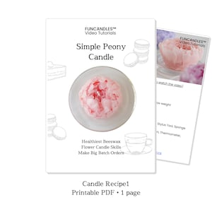 May include: A printable PDF candle making recipe for a simple peony candle. The recipe includes instructions for making a flower candle using beeswax and includes a photo of the finished candle.