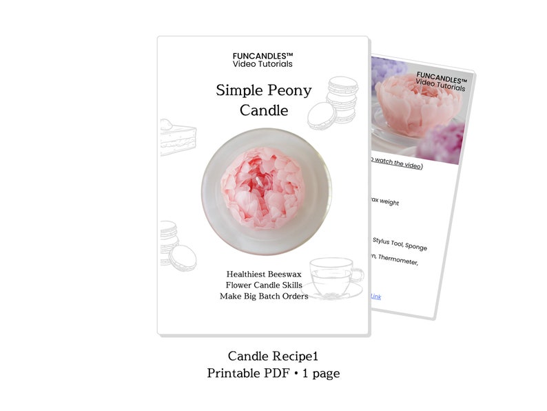 May include: A printable PDF candle making recipe for a simple peony candle. The recipe includes instructions for making a flower candle using beeswax and includes a photo of the finished candle.