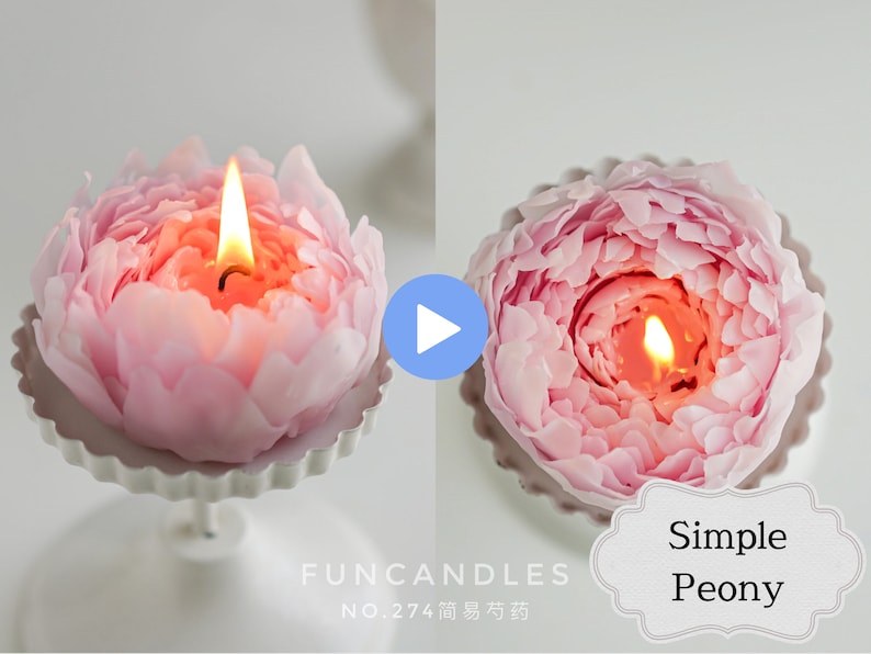 May include: A pink peony-shaped candle with a lit wick. The candle is on a white pedestal. The text "FUNCANDLES NO.274" is visible below the candle.