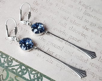 Boucles d'oreilles en argent antiques Art déco nouveau avec cristaux Swarovski® bleu denim Gatsby Downton clapet années 1920 années 1930 clip sur option mariage nuptiale