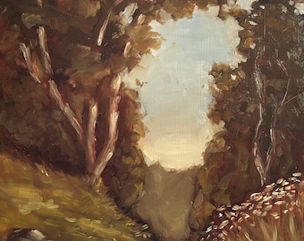 Pintura al óleo original: Paisaje del Sendero Dorado, árboles, flores, sendero en la ladera.