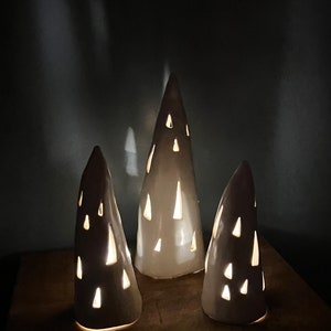 Set of 3 Ceramic Christmas Tree tea light holder, candle holder, handmade pottery, white Christmas, holiday lights, holiday decor