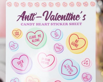 Anti Valentine Rude Candy Love Heart Vinyl Stickers, Valentine Day Sticker Sheet, Conversation Heart Stickers, Vinyl Sticker Set for Laptop