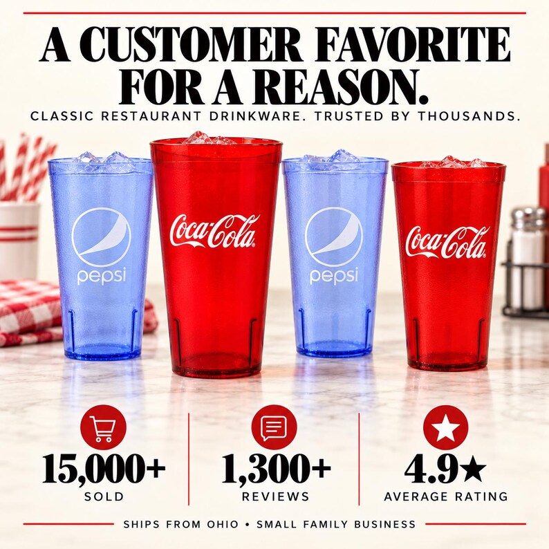 May include: Four translucent plastic tumblers in red and blue, each filled with ice. Two blue tumblers feature the Pepsi logo, and two red tumblers feature the Coca-Cola logo. Text reads: A CUSTOMER FAVORITE FOR A REASON. CLASSIC RESTAURANT DRINKWARE.