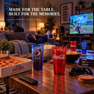 May include: A wooden table holds a Papa John's pizza box, a bowl of popcorn, a bowl of chips, a black game controller, a remote, and two tall plastic tumblers with Pepsi and Coca-Cola logos. Text reads: MADE FOR THE TABLE. BUILT FOR THE MEMORIES.