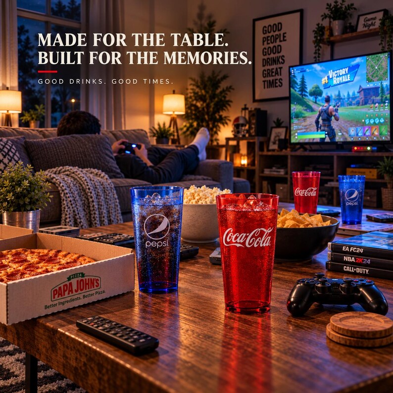 May include: A wooden table holds a Papa John's pizza box, a bowl of popcorn, a bowl of chips, a black game controller, a remote, and two tall plastic tumblers with Pepsi and Coca-Cola logos. Text reads: MADE FOR THE TABLE. BUILT FOR THE MEMORIES.