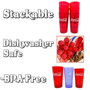 May include: Red Coca-Cola and blue Pepsi plastic drinking glasses. The glasses are stackable, dishwasher safe, and BPA-free. The Coca-Cola glasses have the Coca-Cola logo printed on them.