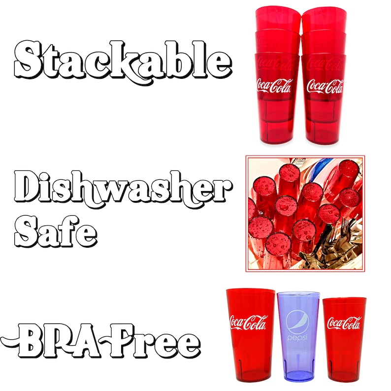 May include: Red Coca-Cola and blue Pepsi plastic drinking glasses. The glasses are stackable, dishwasher safe, and BPA-free. The Coca-Cola glasses have the Coca-Cola logo printed on them.