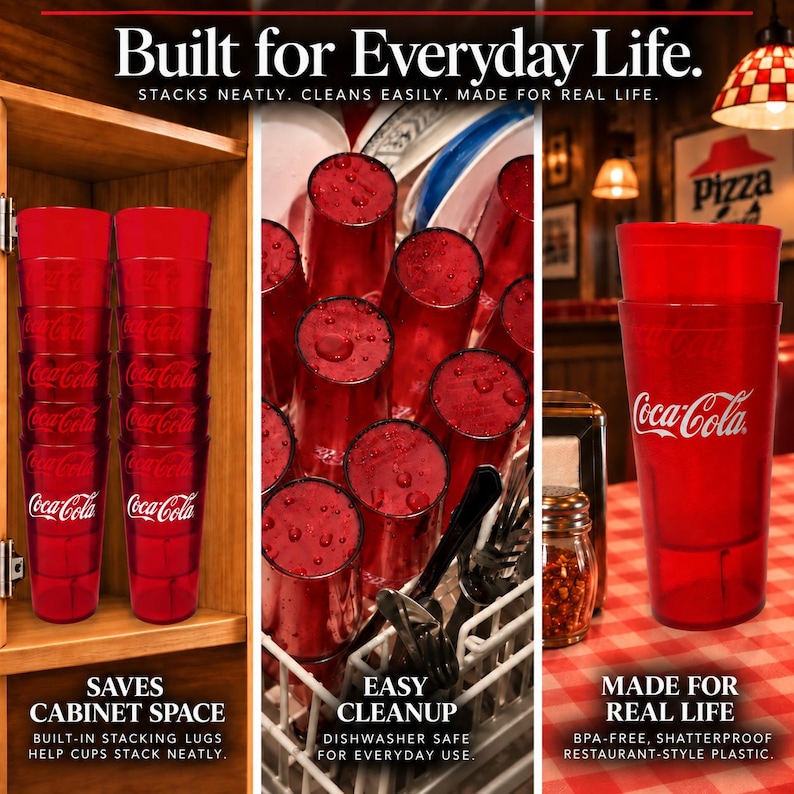 May include: A set of red translucent plastic Coca-Cola drinking cups featuring the white Coca-Cola logo. The cups are shown stacked in a wooden cabinet, inside a dishwasher, and on a red and white checkered tablecloth with the text Built for Everyday Life.