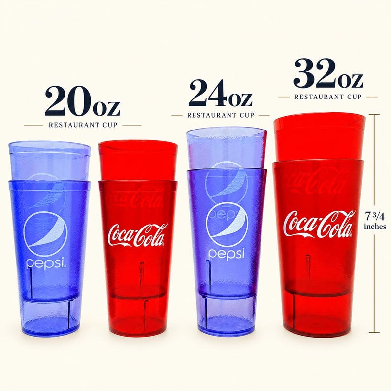 May include: Four plastic restaurant cups in blue and red, labeled 20oz, 24oz, and 32oz. The cups feature Pepsi or Coca-Cola logos. A vertical measurement line indicates a height of 7 3/4 inches for the largest cup. The cups have a textured finish.
