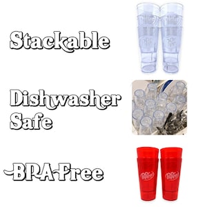 May include: Two clear plastic tumblers with the Dr Pepper logo stacked vertically, a group of clear tumblers inside a dishwasher rack, and two red plastic tumblers with the Dr Pepper logo. Text labels include Stackable, Dishwasher Safe, and BPA-Free.