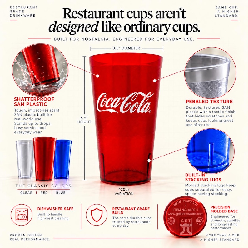 May include: A red Coca-Cola branded plastic restaurant cup measuring 6.5 inches in height and 3.5 inches in diameter. The cup features a pebbled texture, built-in stacking lugs, and a precision molded base. It is dishwasher safe and shatterproof.