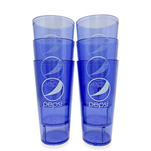 May include: Six blue plastic Pepsi cups stacked in two columns. Each cup has the Pepsi logo in white. The cups are transparent, allowing light to pass through. The cups are designed for cold beverages.