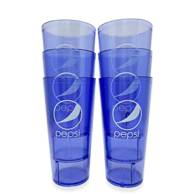 May include: Six blue plastic Pepsi cups stacked in two columns. Each cup has the Pepsi logo in white. The cups are transparent, allowing light to pass through. The cups are designed for cold beverages.