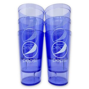 May include: Six blue plastic Pepsi cups stacked in two columns. Each cup has the Pepsi logo in white. The cups are transparent, allowing light to pass through. The cups are designed with a flared top and a base.