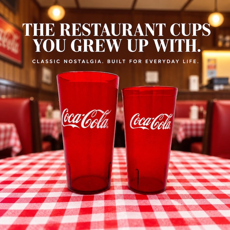 May include: Two translucent red plastic tumblers featuring the white Coca-Cola logo. The text above reads: THE RESTAURANT CUPS YOU GREW UP WITH. CLASSIC NOSTALGIA. BUILT FOR EVERYDAY LIFE. The cups have a tapered cylindrical shape with vertical ridges.