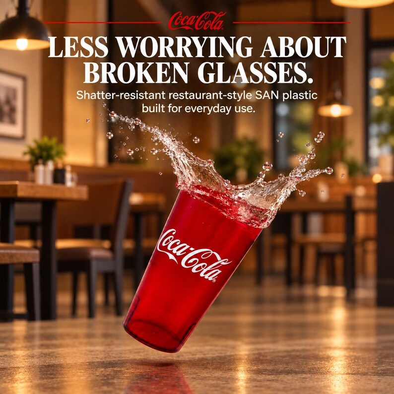 May include: A red plastic Coca-Cola tumbler with a white logo, featuring a dynamic liquid splash at the top. The text reads: LESS WORRYING ABOUT BROKEN GLASSES. Shatter-resistant restaurant-style SAN plastic built for everyday use.