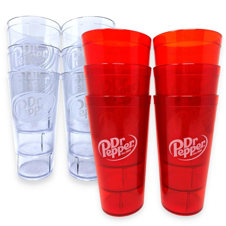 May include: A set of eight stackable plastic tumblers, four clear and four red, each featuring the Dr Pepper logo and the text Est.1885. The cups have a ribbed design near the base and a smooth, cylindrical shape for holding cold beverages.