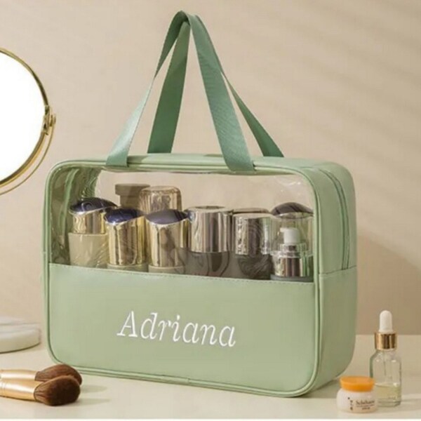 Borsa da toilette trasparente personalizzata con ricamo del nome, borsa per il trucco impermeabile, regalo da donna personalizzato, 3 formati