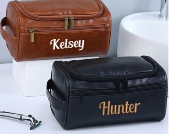 Personalized PU Leather Toiletry Bag, Embroidered Leather Dopp Kit, Groomsmen Gift, Gift For Him, Men's Leather Toiletry Bag, Travel