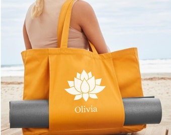 Bolsa de yoga personalizada con nombre, bolsa de algodón orgánico para esterilla de yoga, flor de loto, bolsa de gimnasio, fitness, regalo personalizado, cumpleaños