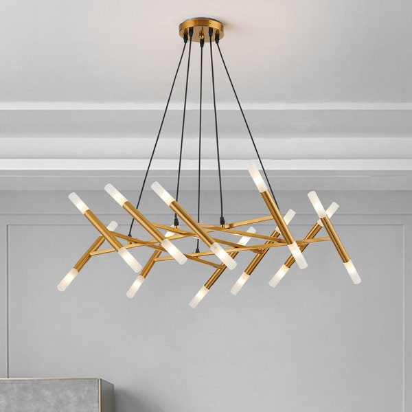 Modern Abstract Chandelier with Brass Finish and 20 Cloudy Finish Tube Shades- LED Bulbs Included
